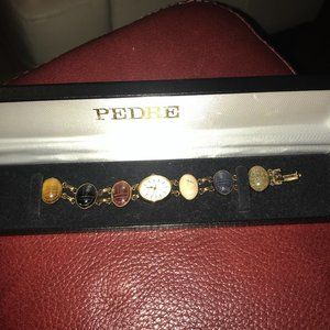 MULTI GEM-STONE CARVED SCARAB WATCH BRACELET